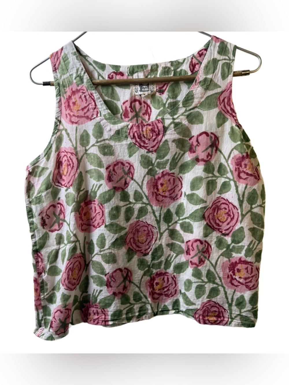 Vintage Hand Crafted Pink Rose Print Sleeveless cotton Top